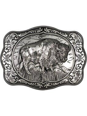Men Silver Vintage Rectangle Buffalo Buckle Scalloped Western Belt